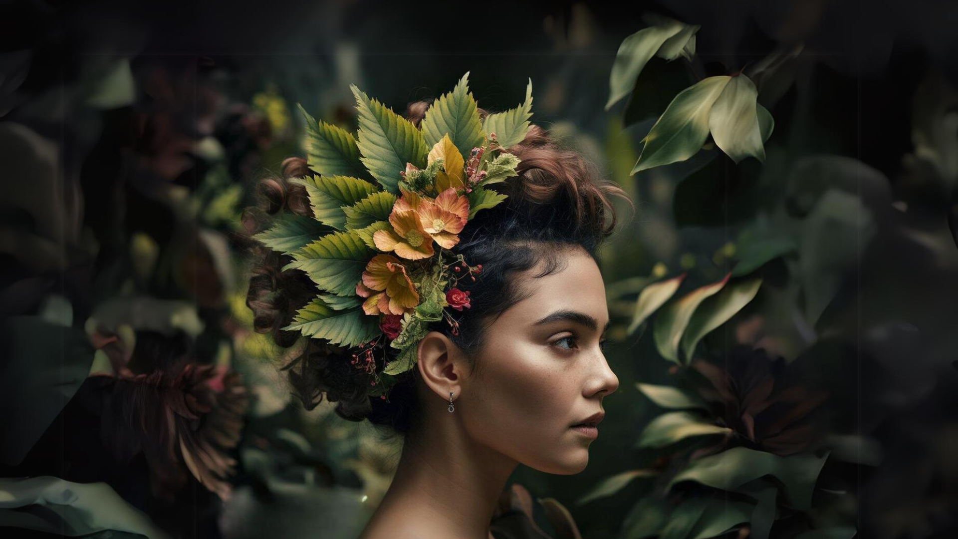Latina woman with natural hair adorned with flowers and leaves. Lush background emphasizes Earth Day theme of eco-friendly hair care.