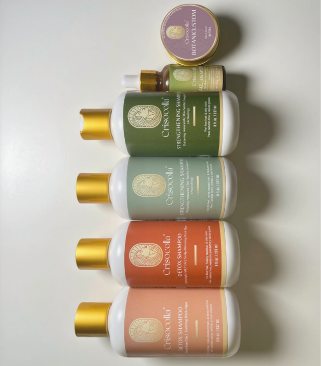 BOTANIRITUAL COLLECTION FROM www.crisocolla.com . 4 bottles ranging from detox shampoo to strengthening shampoo. One hydrogel bottle of 30ml. and 1 botanicustom hair cream. made in puerto rico.