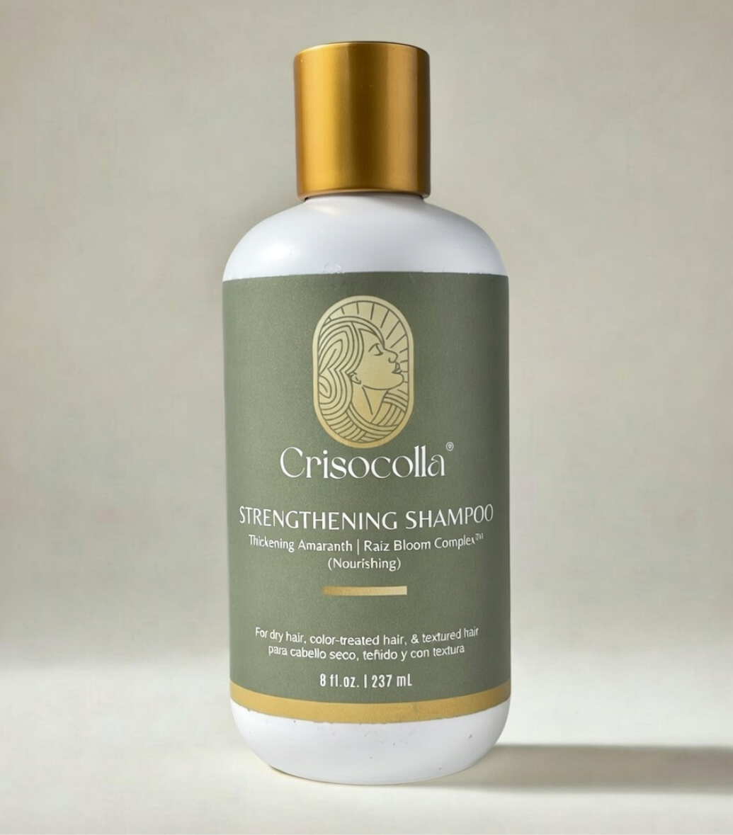 Crisocolla BotaniBloom plant based Strengthening Shampoo bottle with gold cap on a light background