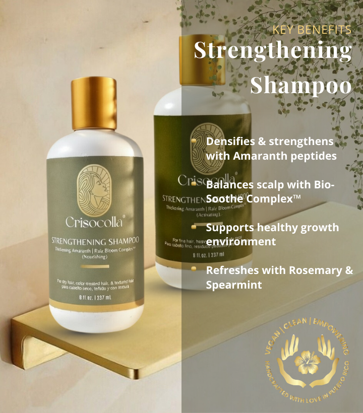 Crisocolla Strengthening Shampoo bottles on a shelf with product benefits text.
