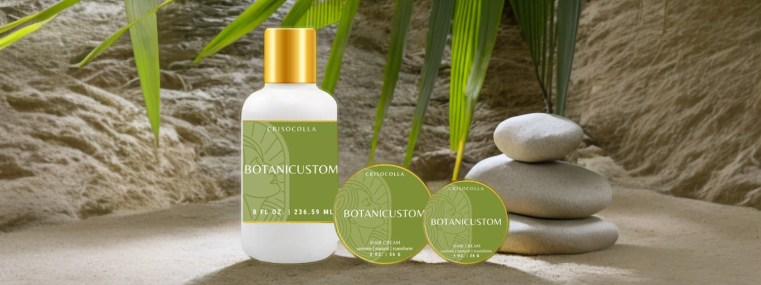 1oz hair cream, 2oz hair cream, 8oz shampoo. BotaniCustom products in gold and white bottles with brand labels. Plant-based customized hair care.