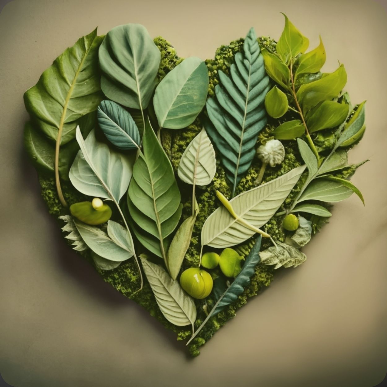 An image of various green herbal leaves arranged together to form a heart shape.