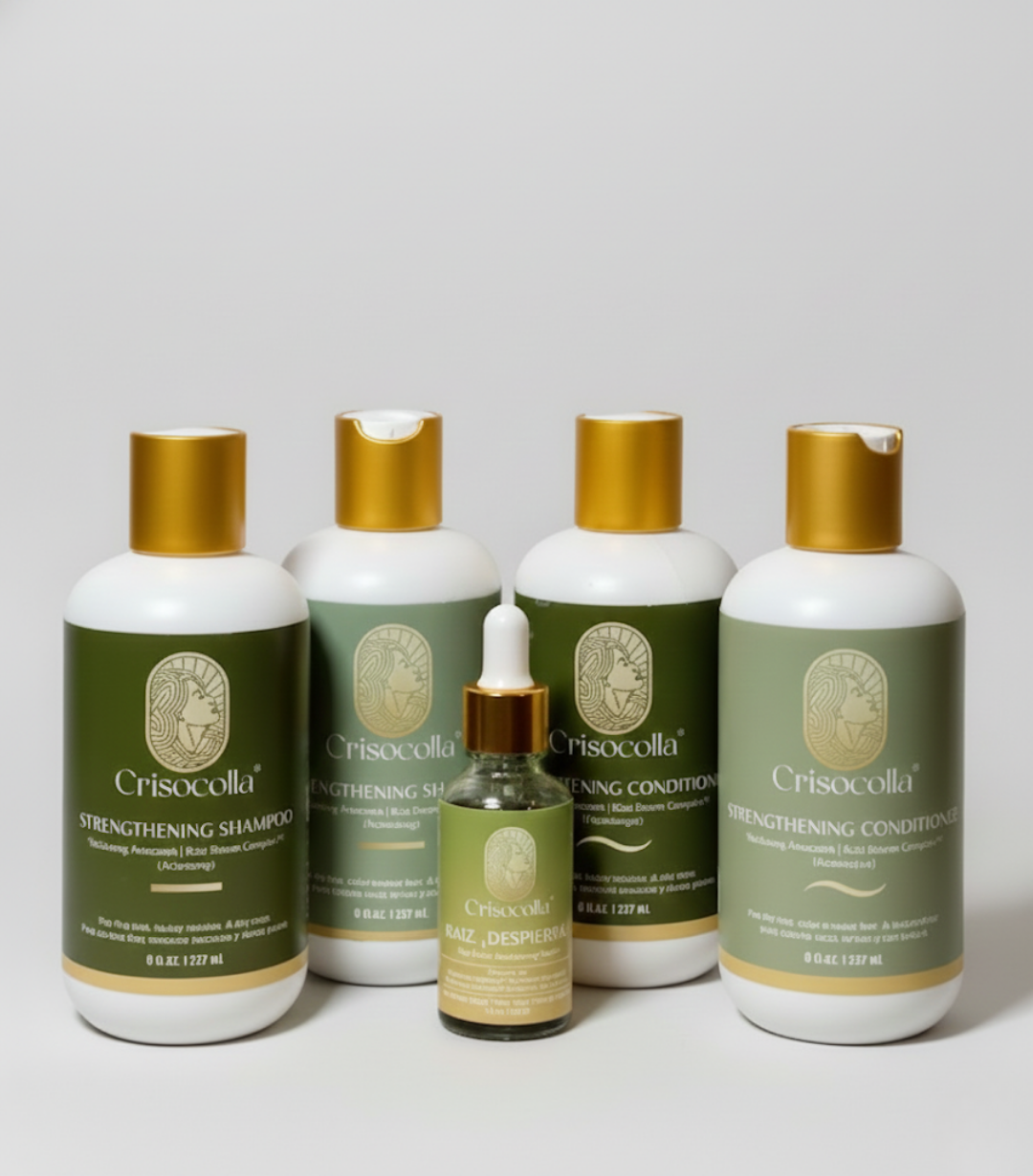 Set of Crisocolla hair care products including shampoo, conditioner, and serum on a light gray background.