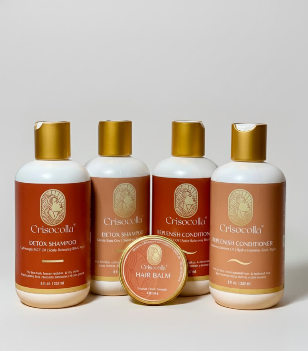 Crisocolla hair care product set including shampoo, conditioner, and balm on a light gray background