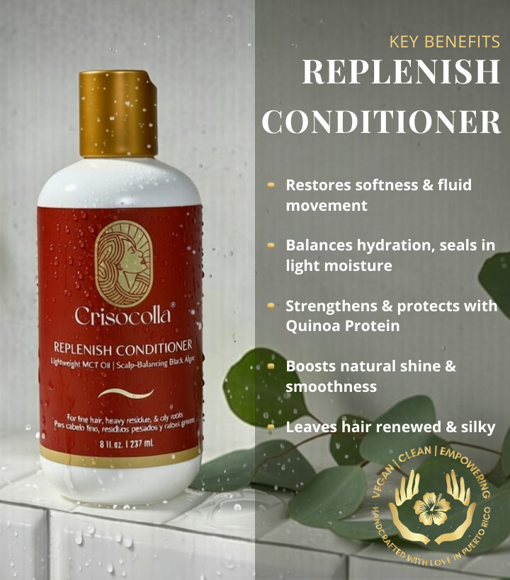 Infographic for Crisocolla Replenish Conditioner featuring a white bottle with a gold cap, resting on white bathroom tiles with eucalyptus leaves. The text highlights key benefits: restores softness, balances hydration, strengthens with Quinoa Protein, and leaves hair silky.
