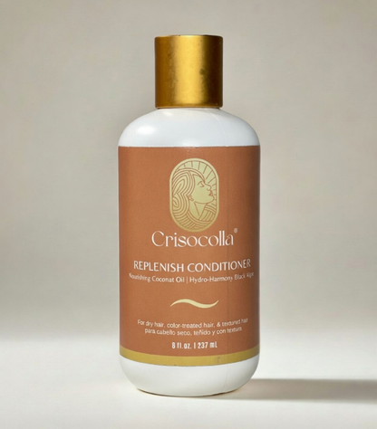 Crisocolla BotaniReset Plant based Replenish Conditioner bottle with gold cap on a light background. For dry hair, curly wavy, color treated and coily hair. 