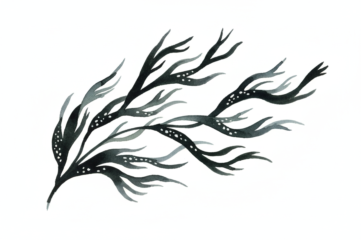 watercolor botanical illustration of black algae plant.