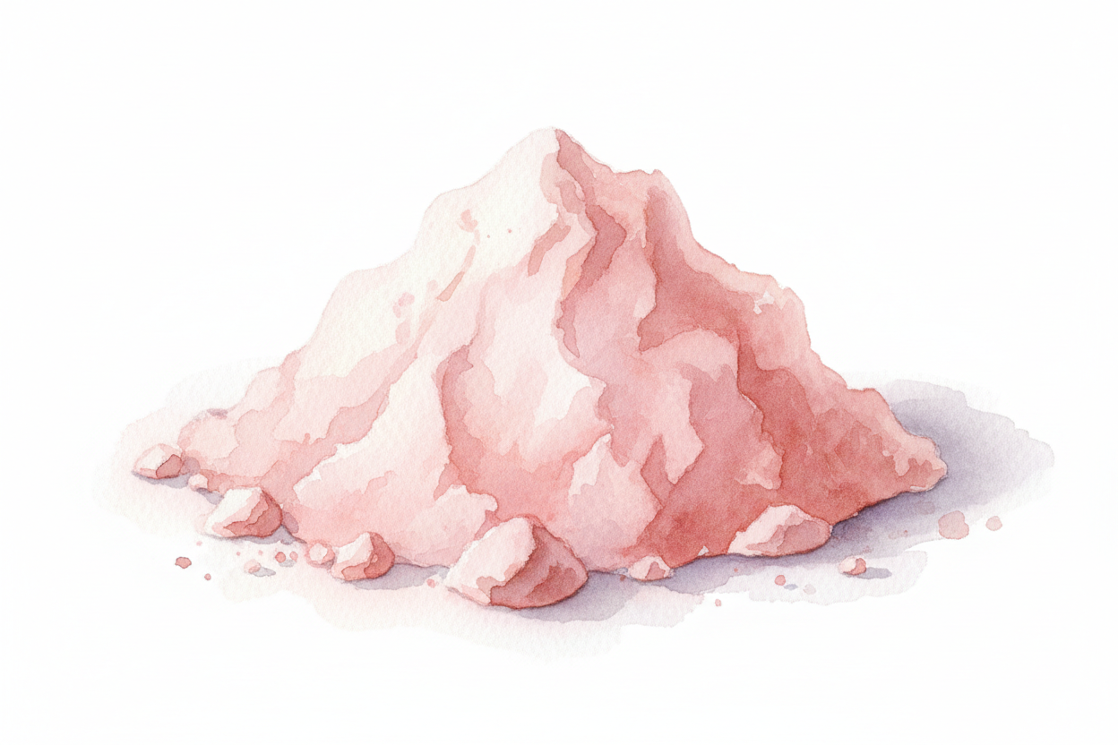 a watercolor botanical illustration of kaolinite rose clay powder.