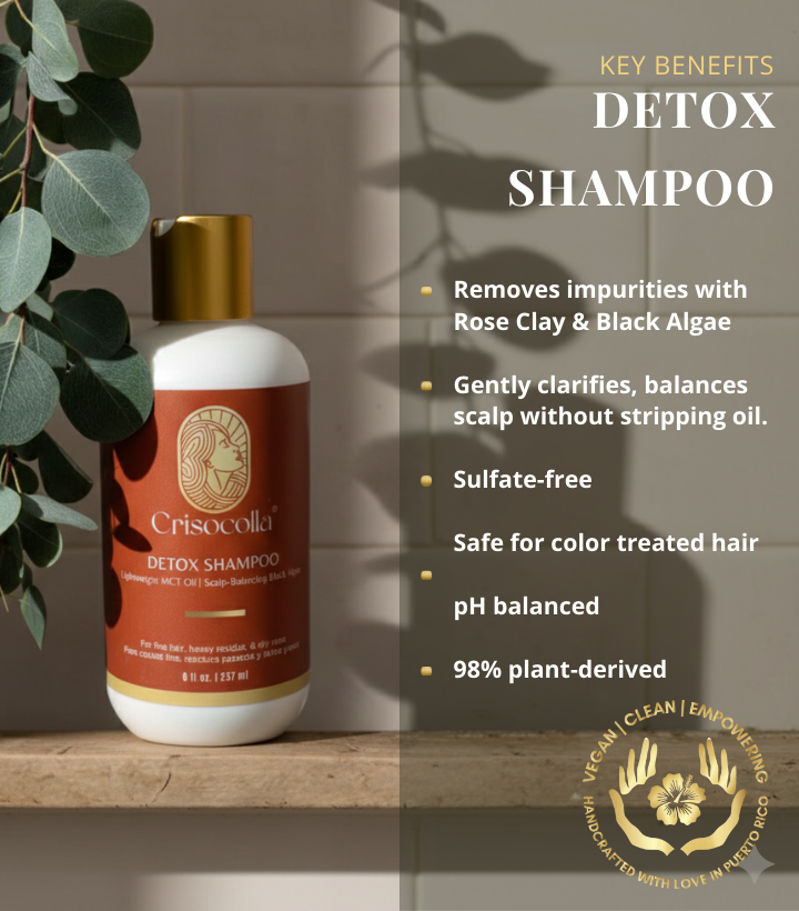 Infographic for Crisocolla Detox Shampoo in a terracotta-colored bottle with a gold cap, displayed on a wooden shelf with eucalyptus branches. The text lists key benefits: removes impurities with Rose Clay &amp; Black Algae, gently clarifies without stripping oil, sulfate-free, safe for color-treated hair, pH balanced, and 98% plant-derived.