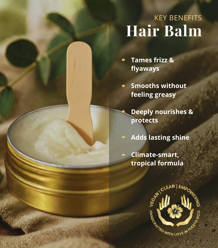 Infographic for Crisocolla BotaniReset  Plant based Hair Balm: An open gold tin with a wooden applicator sits on a neutral linen cloth. Text overlays highlight key benefits: tames frizz, smooths without grease, deeply nourishes, adds shine, and features a climate-smart tropical formula."