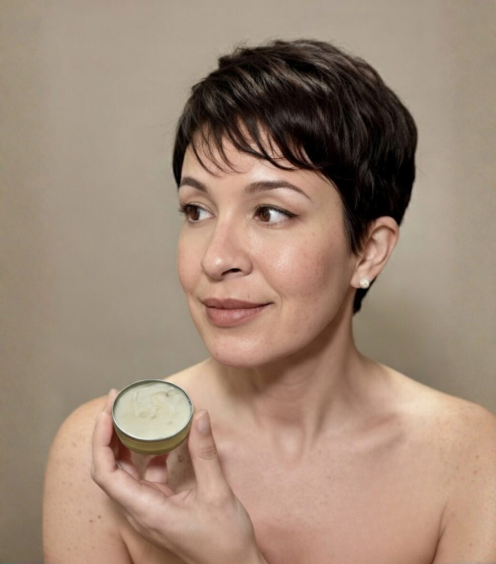 Crisocolla Founder and CEO Cindy Suarez and BotaniReset plant based Hair Balm to tame frizz. background is light beige. 