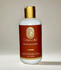 Crisocolla plant based Detox Shampoo bottle with gold cap on a light background