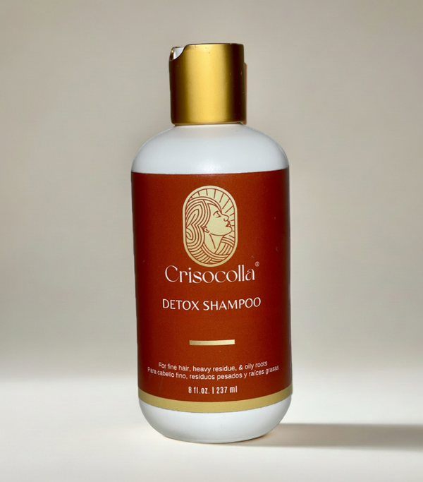 Crisocolla plant based Detox Shampoo bottle with gold cap on a light background