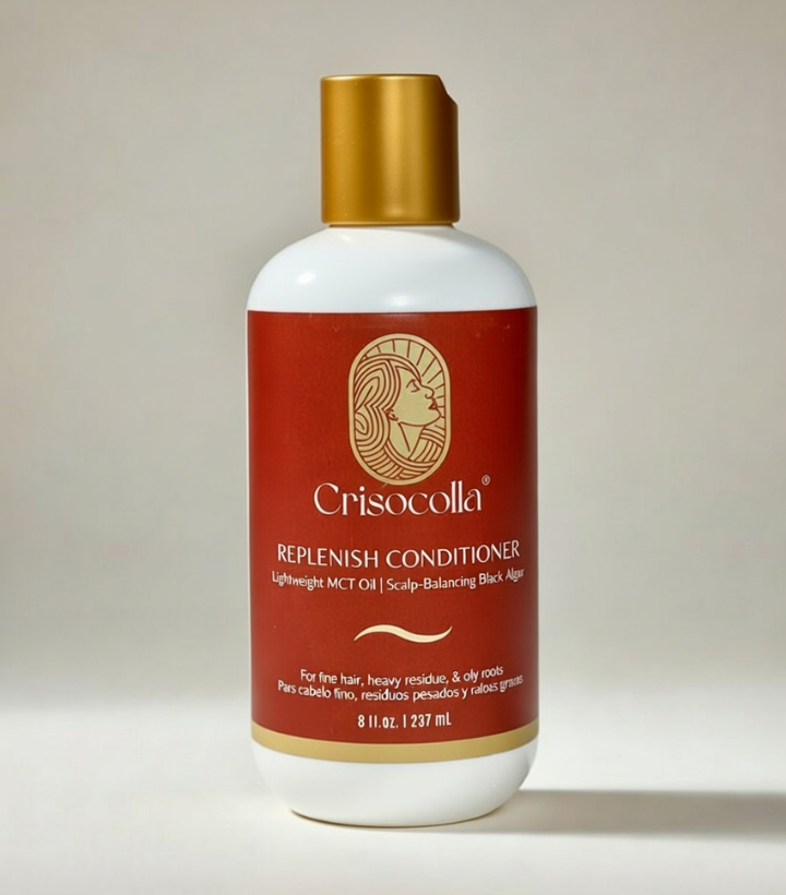 Crisocolla plant based Replenish Conditioner bottle with gold cap on a light background