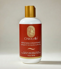 Crisocolla plant based Replenish Conditioner bottle with gold cap on a light background