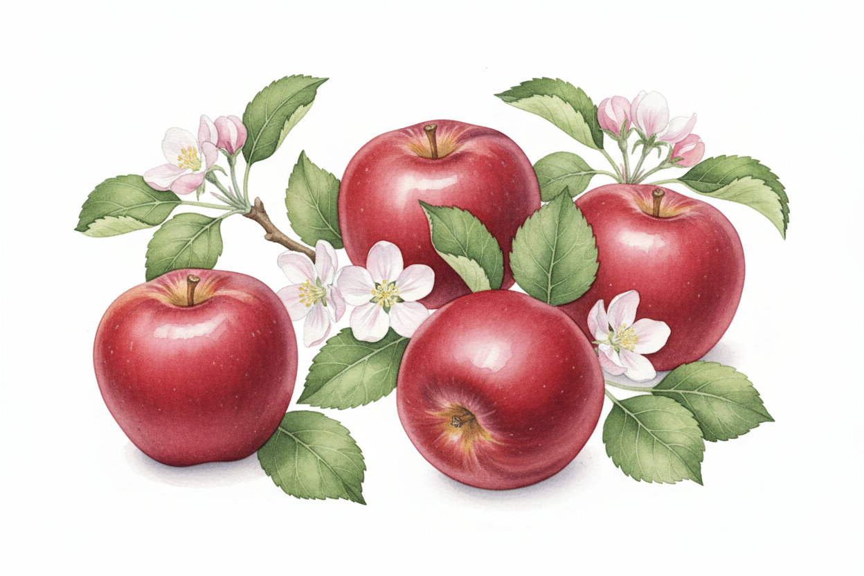 a watercolor botanical illustration of apples with white background