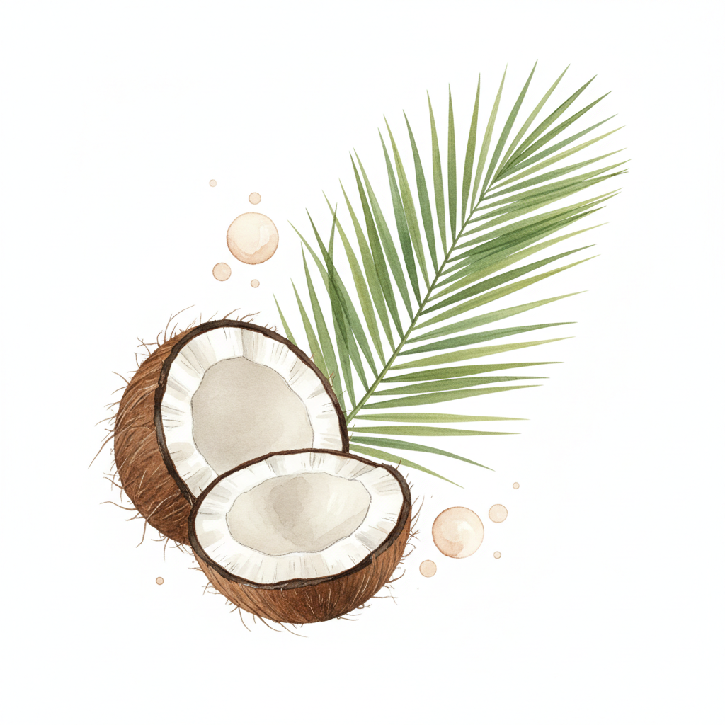 a watercolor botanical illustration of coconut fruit extract with white background. no texts.
