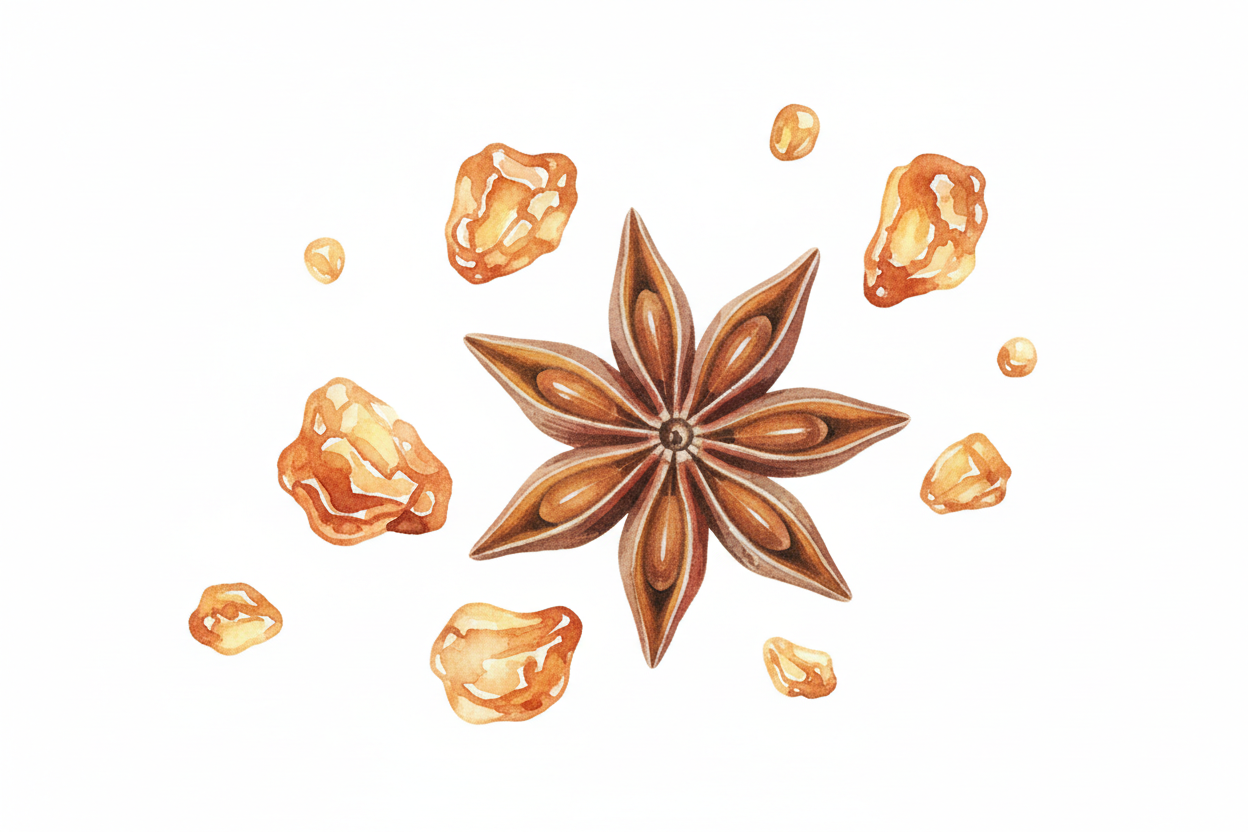  a watercolor botanical illustration of star anise and myrrh together with white background. no texts.